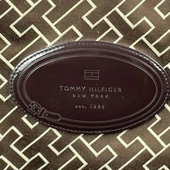 Tommy Hilfiger Logo Print Brown Sateen Patent Leather Trim Tote Bag - Picture 5 of 9